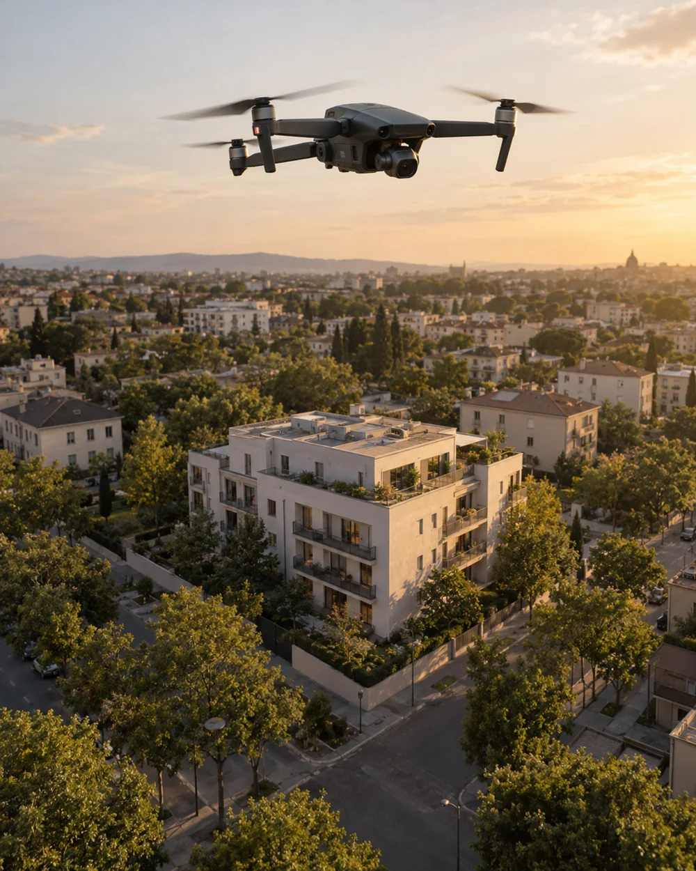 Illustrazione AI: drone sopra un edificio e il quartiere