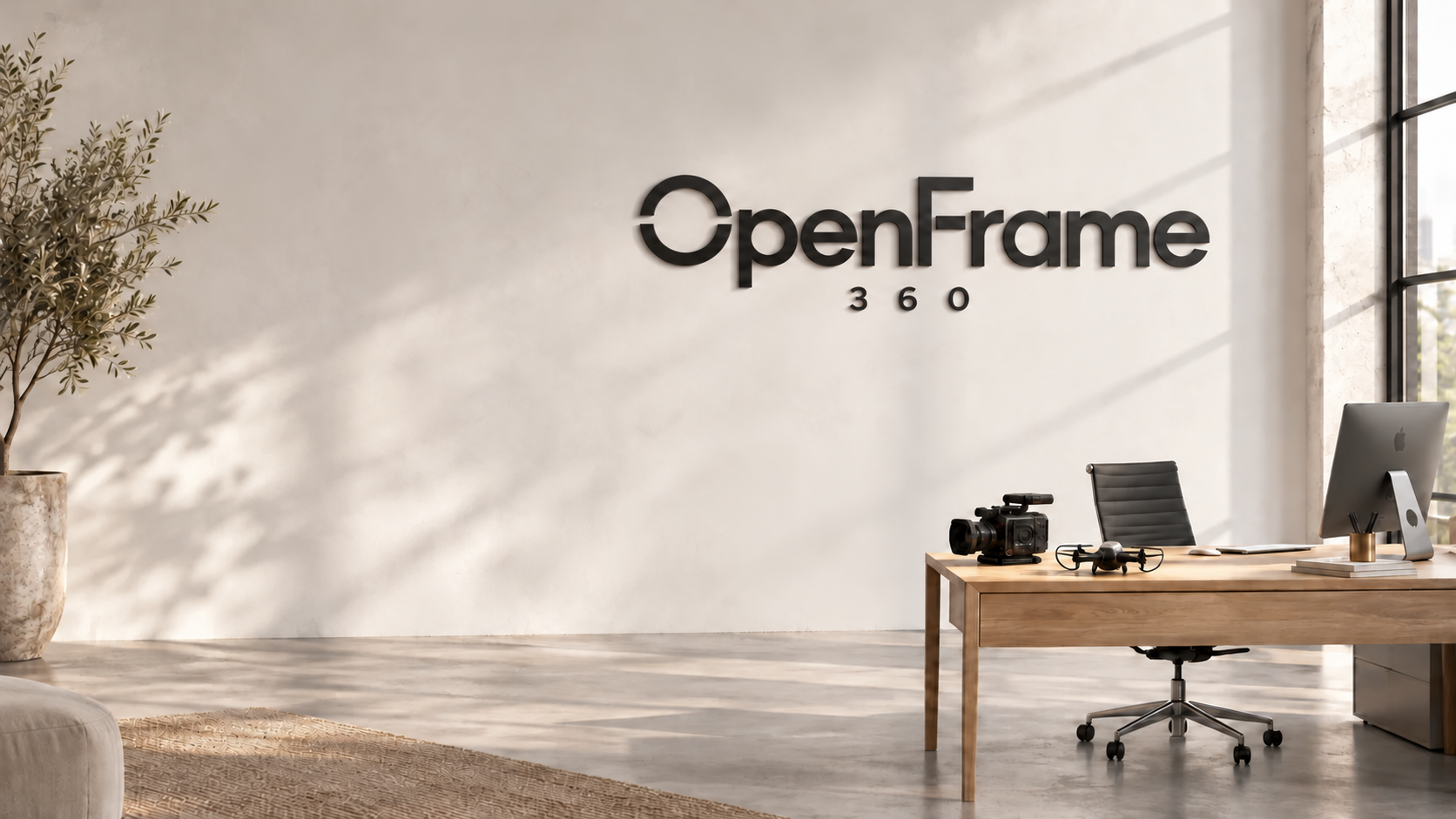 Visione creativa dello studio OpenFrame con il logo, la scrivania e l’attrezzatura video